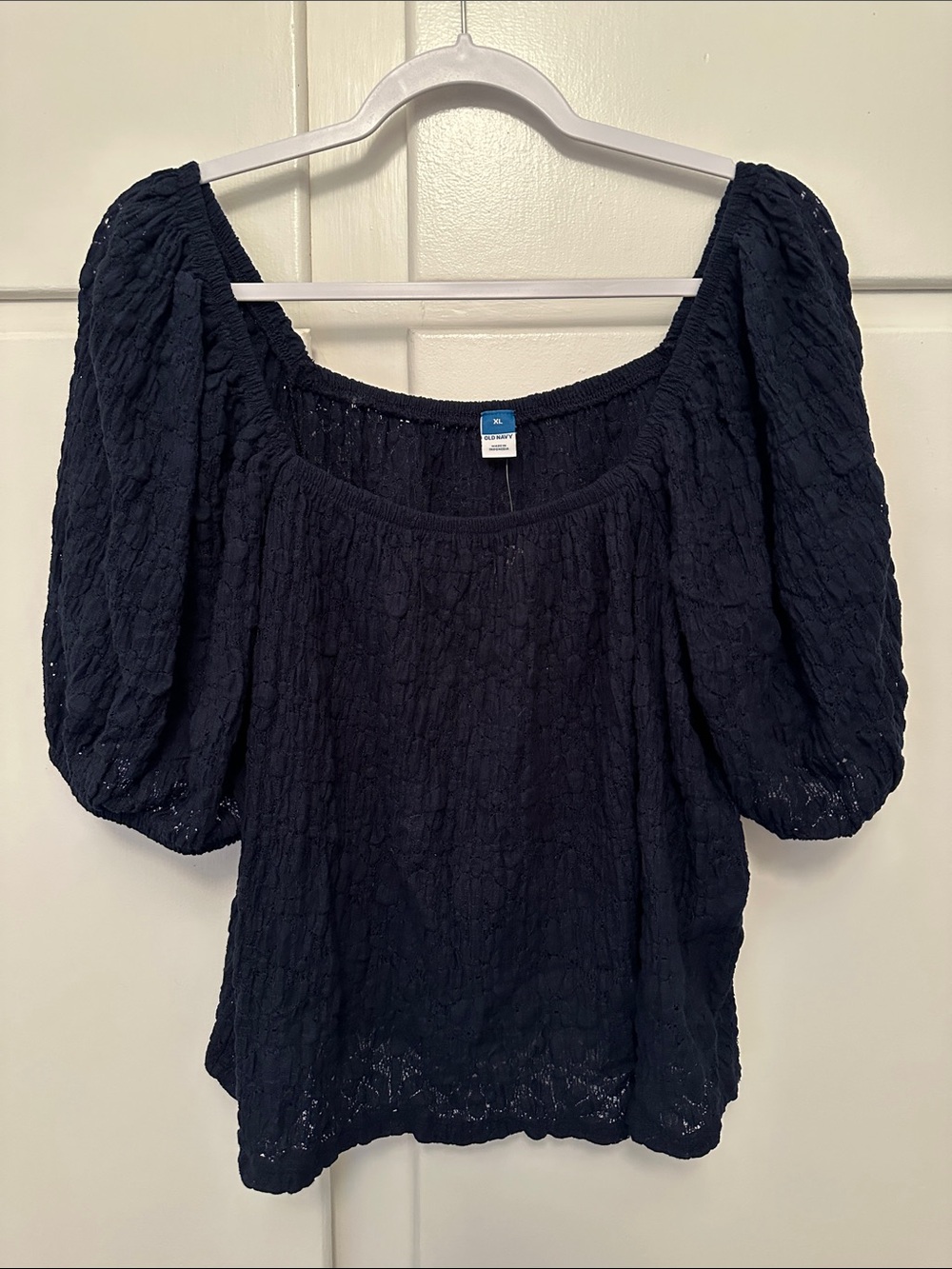 NWT Old Navy Women's Puff Sleeve Scoop Neck Top Navy Blue Lace